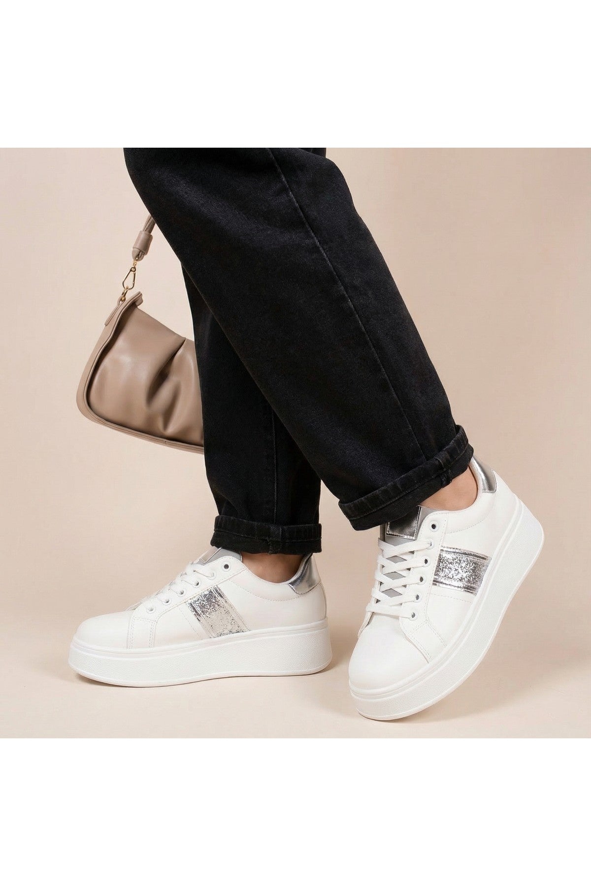 Malina Chunky Platform Glitter Detail Trainers - Silver