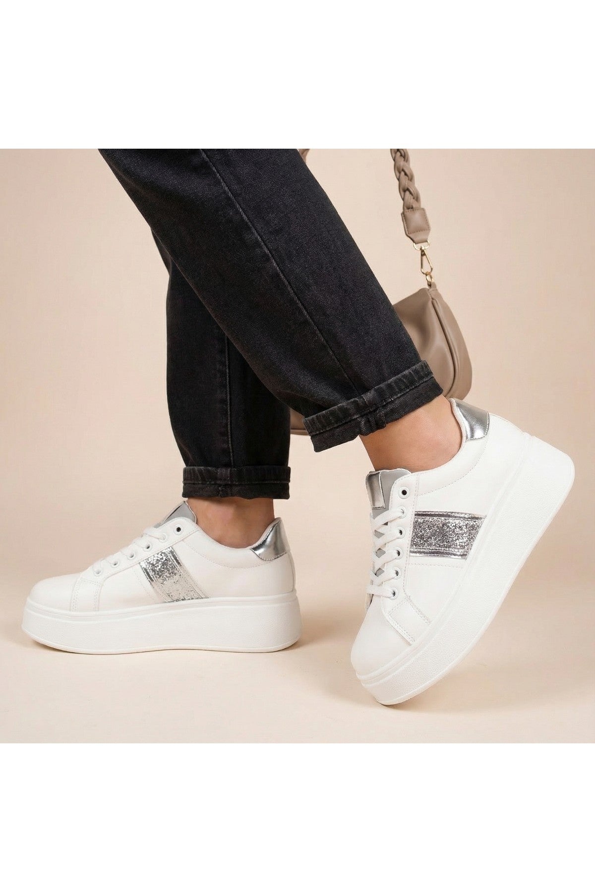 Malina Chunky Platform Glitter Detail Trainers - Silver