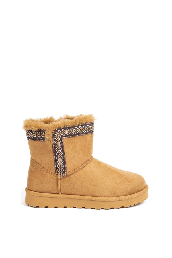 Malira Faux Suede Fluffy Lined Ankle Boots With Stitch Trim - Camel