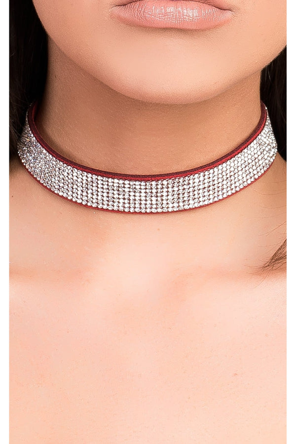 Maria Suede Diamante Choker - Red