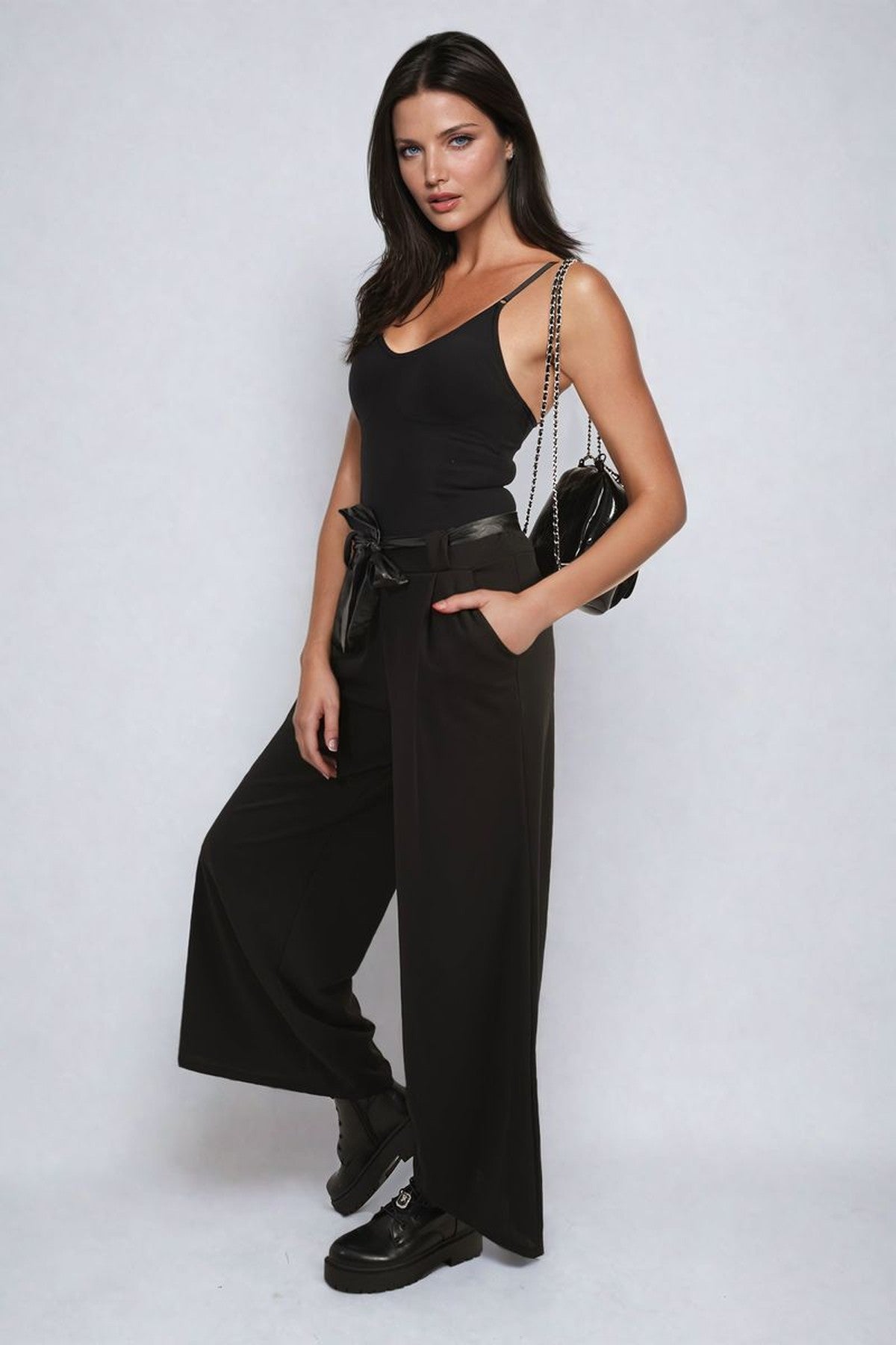 Mariana Belted High Waist Wide Leg Trouser - Black