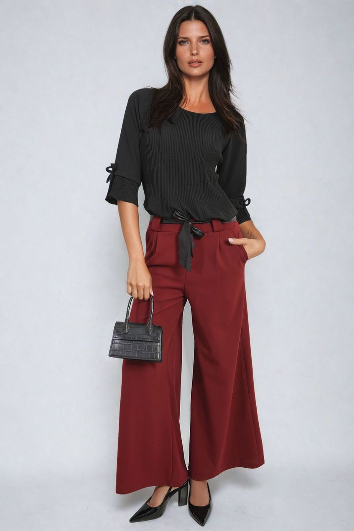 Mariana Belted High Waist Wide Leg Trouser - Bordeaux