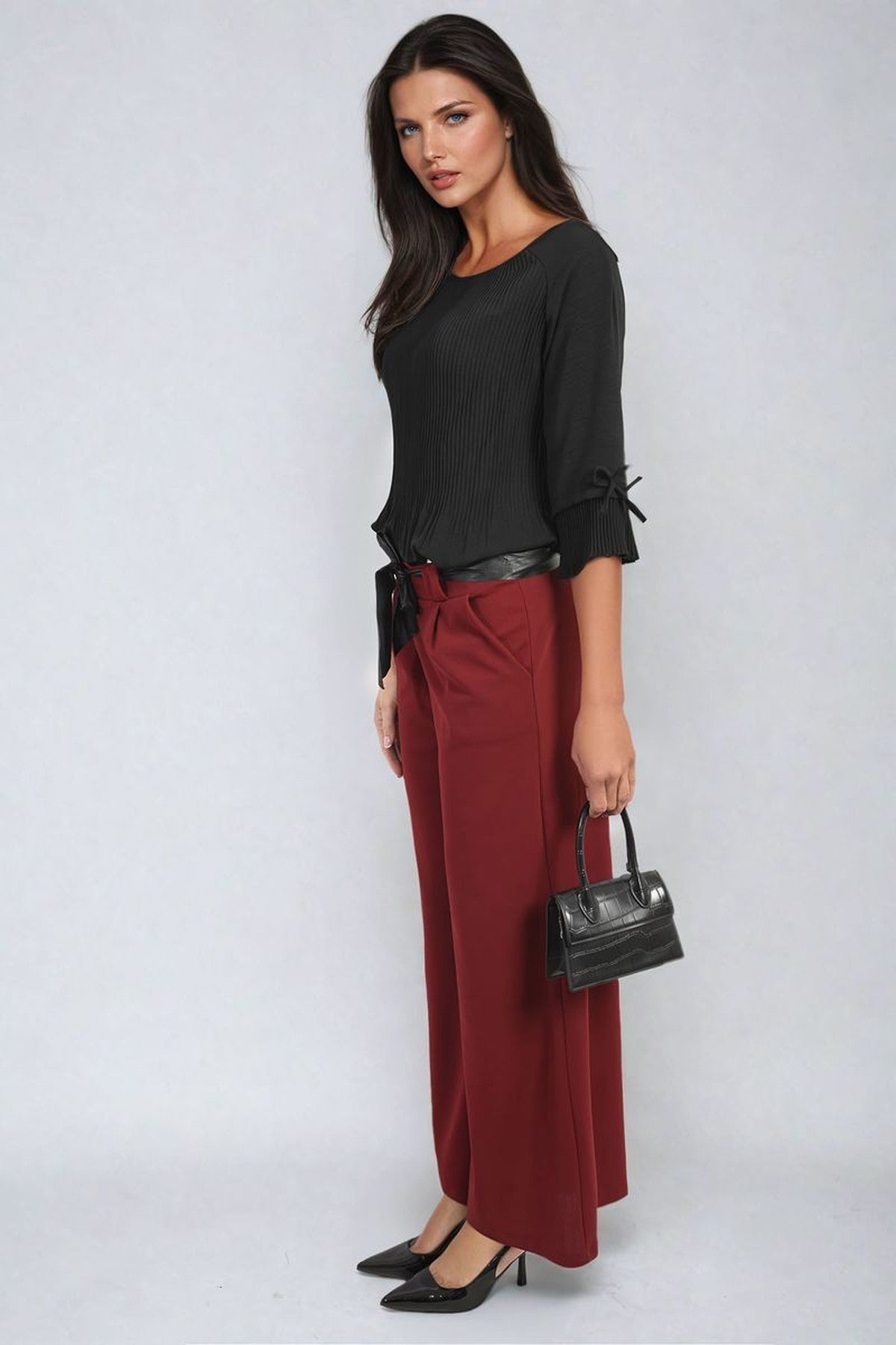Mariana Belted High Waist Wide Leg Trouser - Bordeaux