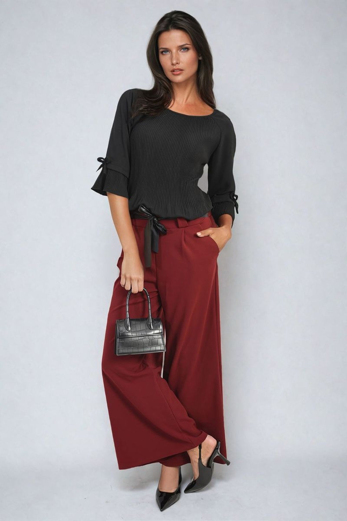 Mariana Belted High Waist Wide Leg Trouser - Bordeaux