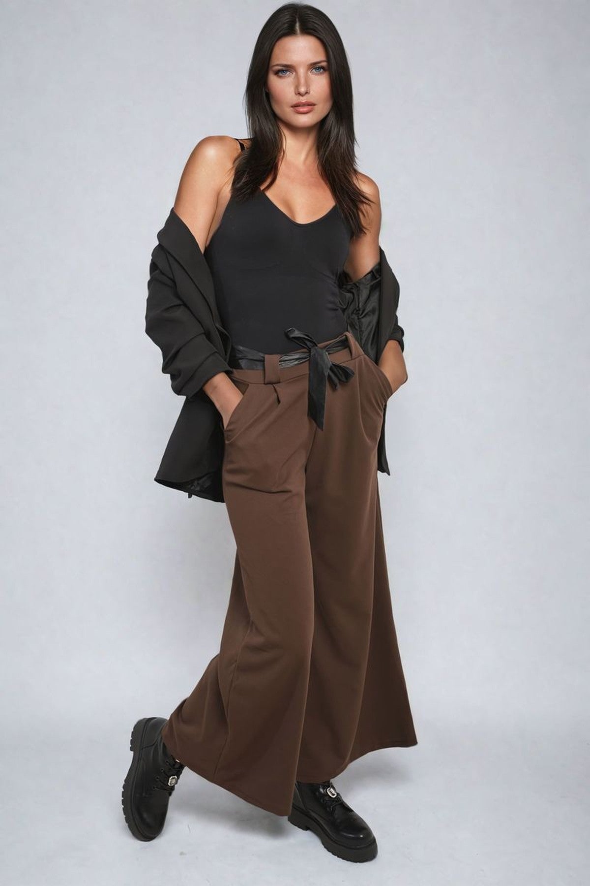 Mariana Belted High Waist Wide Leg Trouser - Brown