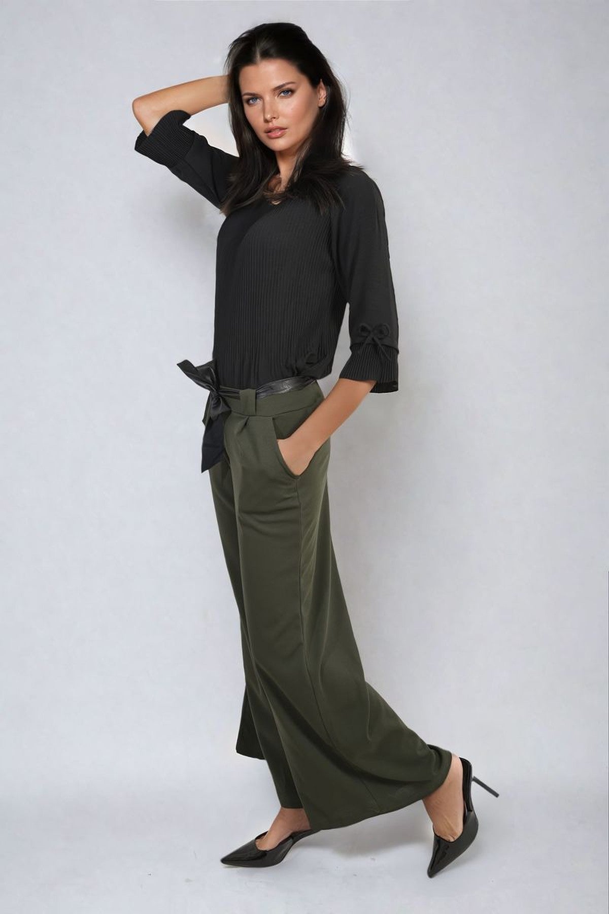 Mariana Belted High Waist Wide Leg Trouser - Khaki