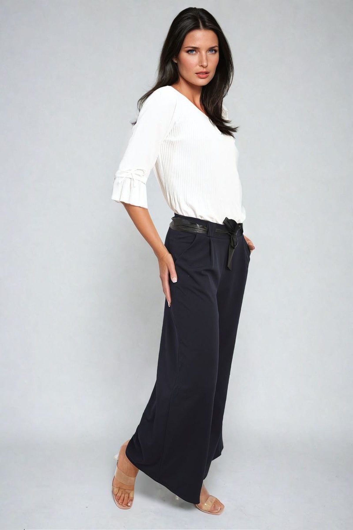 Mariana Belted High Waist Wide Leg Trouser - Navy