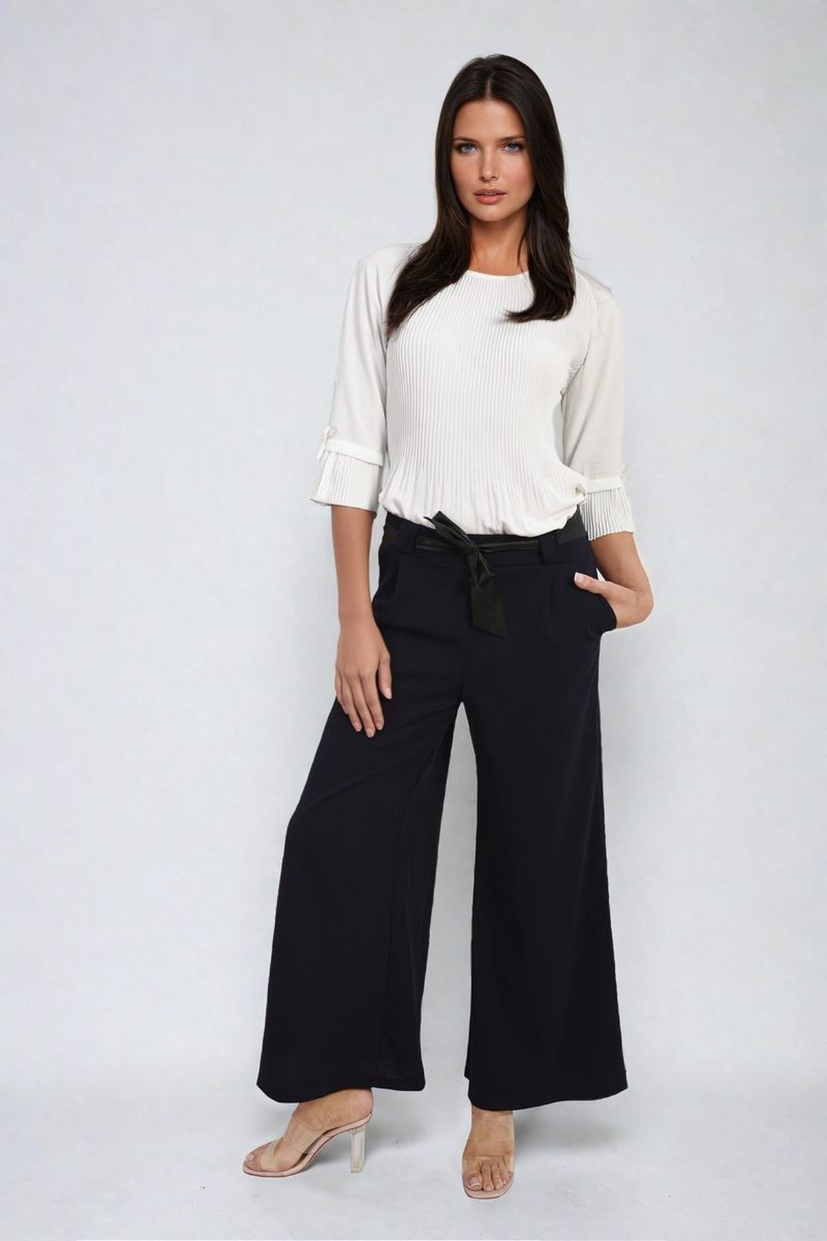 Mariana Belted High Waist Wide Leg Trouser - Navy