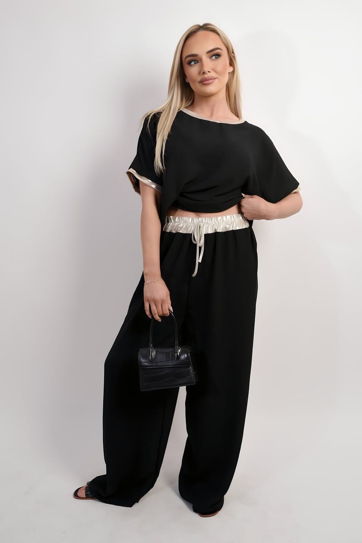 Marina Drawstring Shiny Waist Wide Leg Trouser - Black