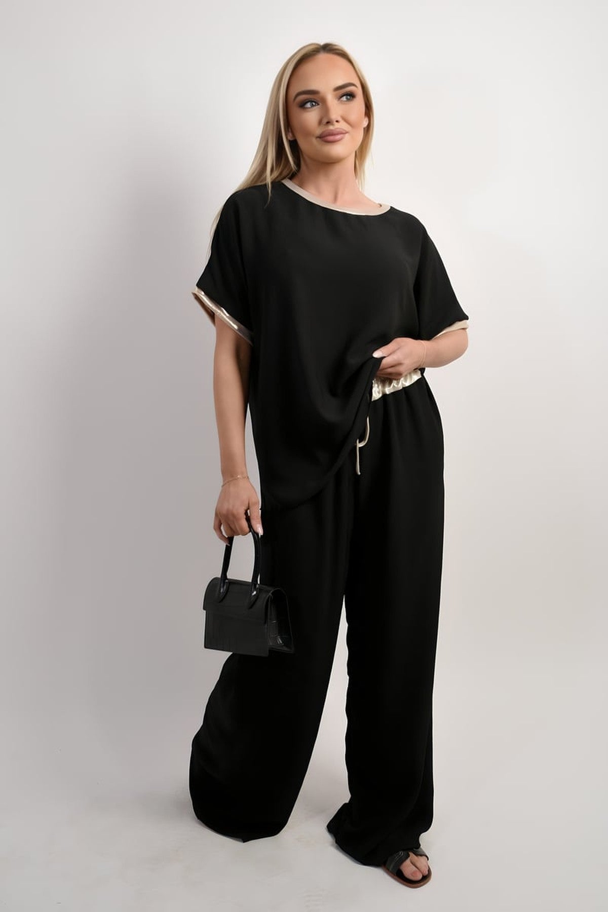 Marina Drawstring Shiny Waist Wide Leg Trouser - Black