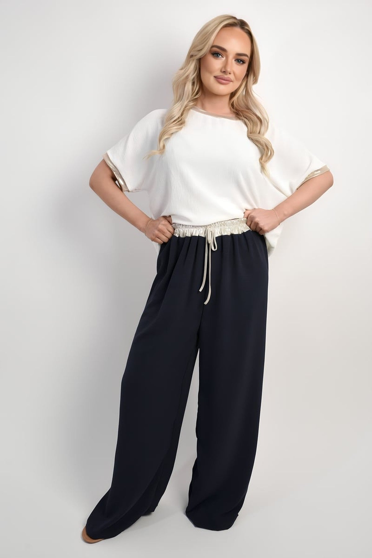 Marina Drawstring Shiny Waist Wide Leg Trouser - Navy