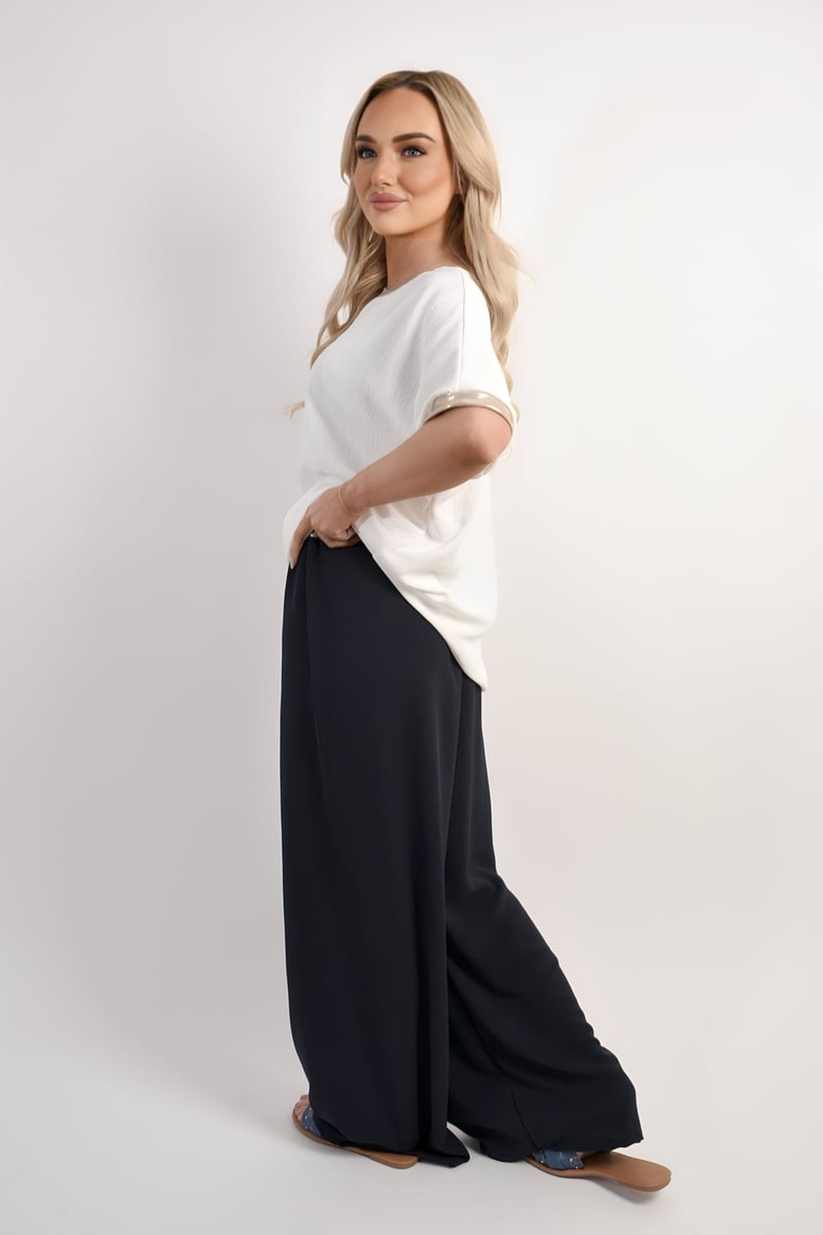 Marina Drawstring Shiny Waist Wide Leg Trouser - Navy