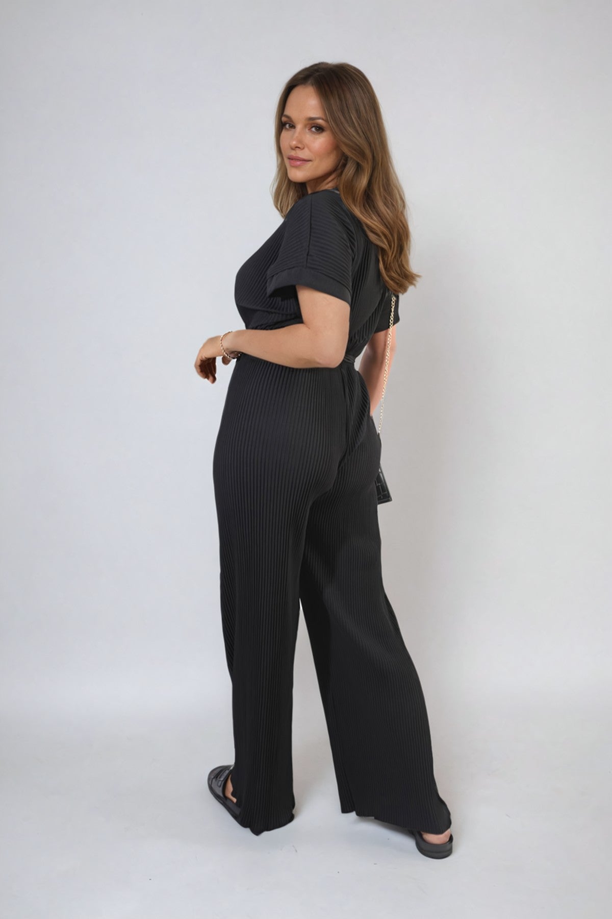 Marina Tie Waist Short Sleeve Pleated Jumpsuit - Black