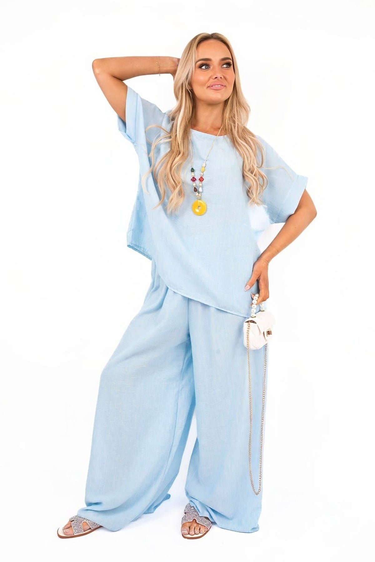 Marinne Loose Fit Short Sleeve Top And Wide Trousers Co-ord Set - Sky Blue