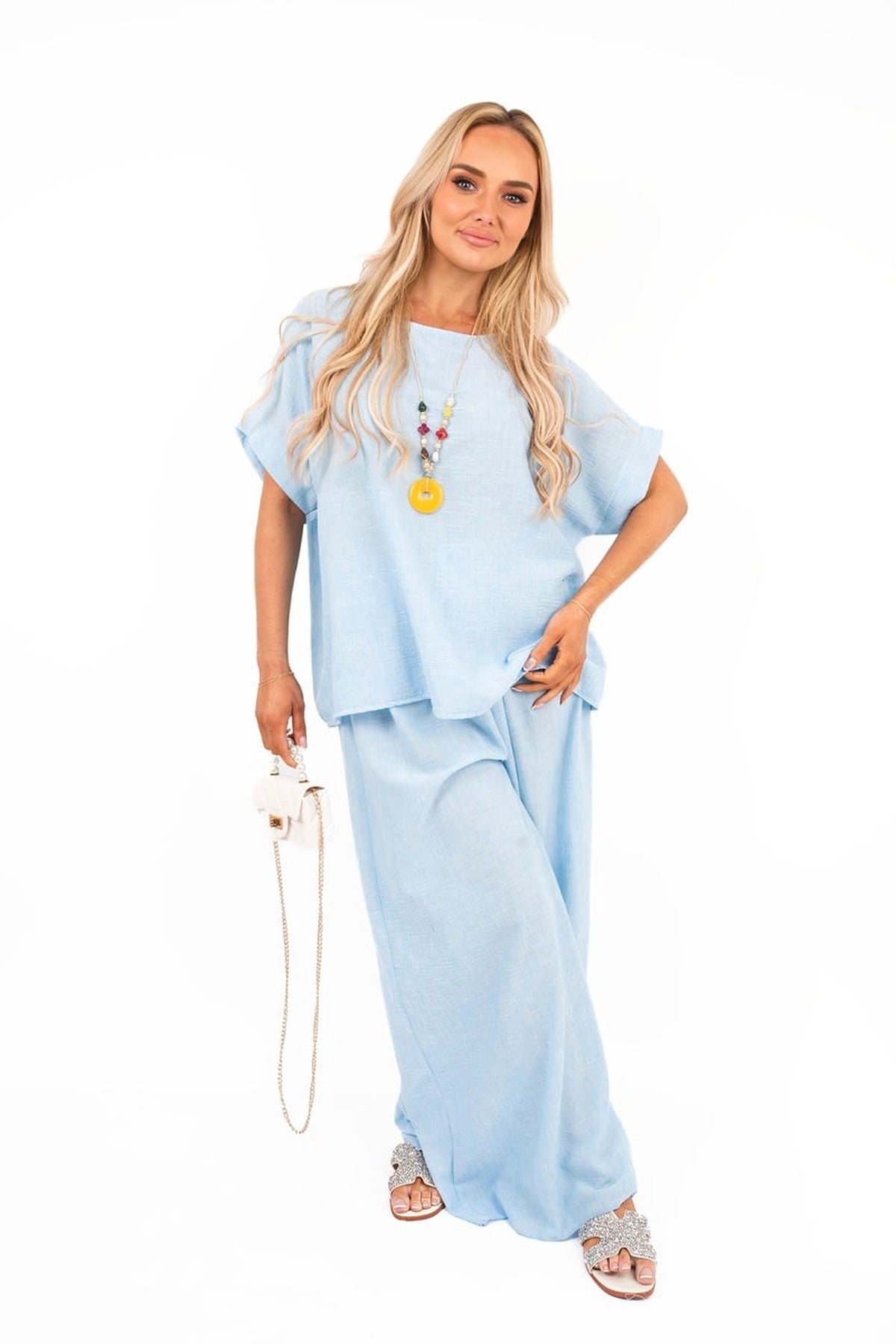 Marinne Loose Fit Short Sleeve Top And Wide Trousers Co-ord Set - Sky Blue