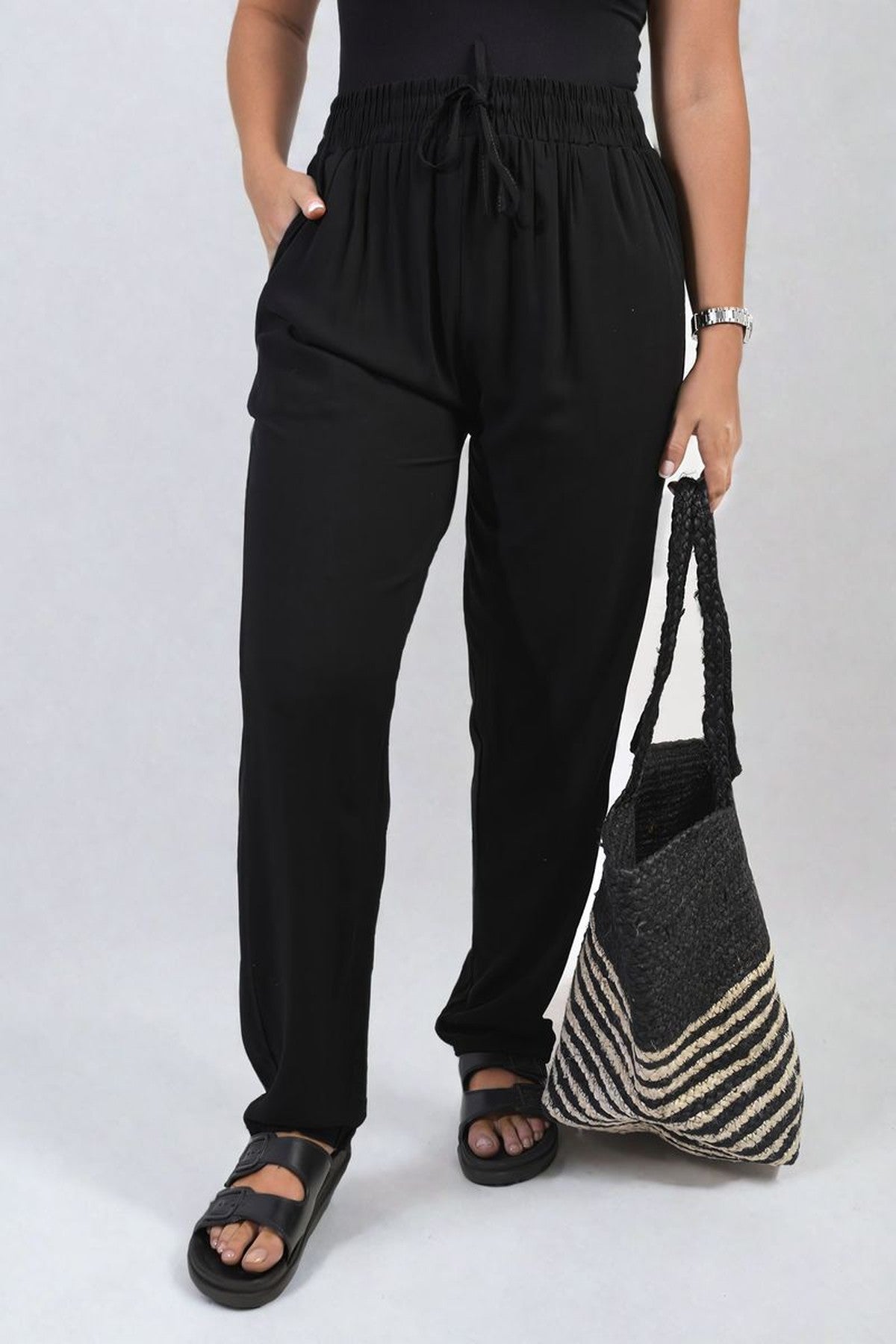 Matilda Drawstring High Waist Trouser With Side Pockets - Black