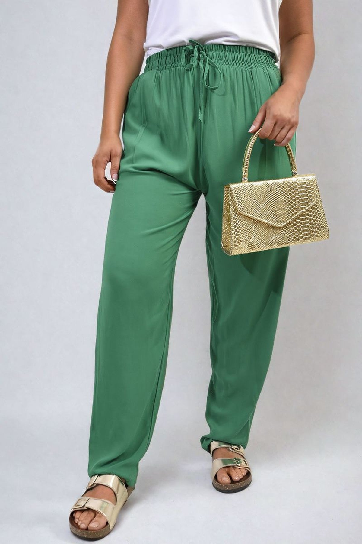 Matilda Drawstring High Waist Trouser With Side Pockets - Green
