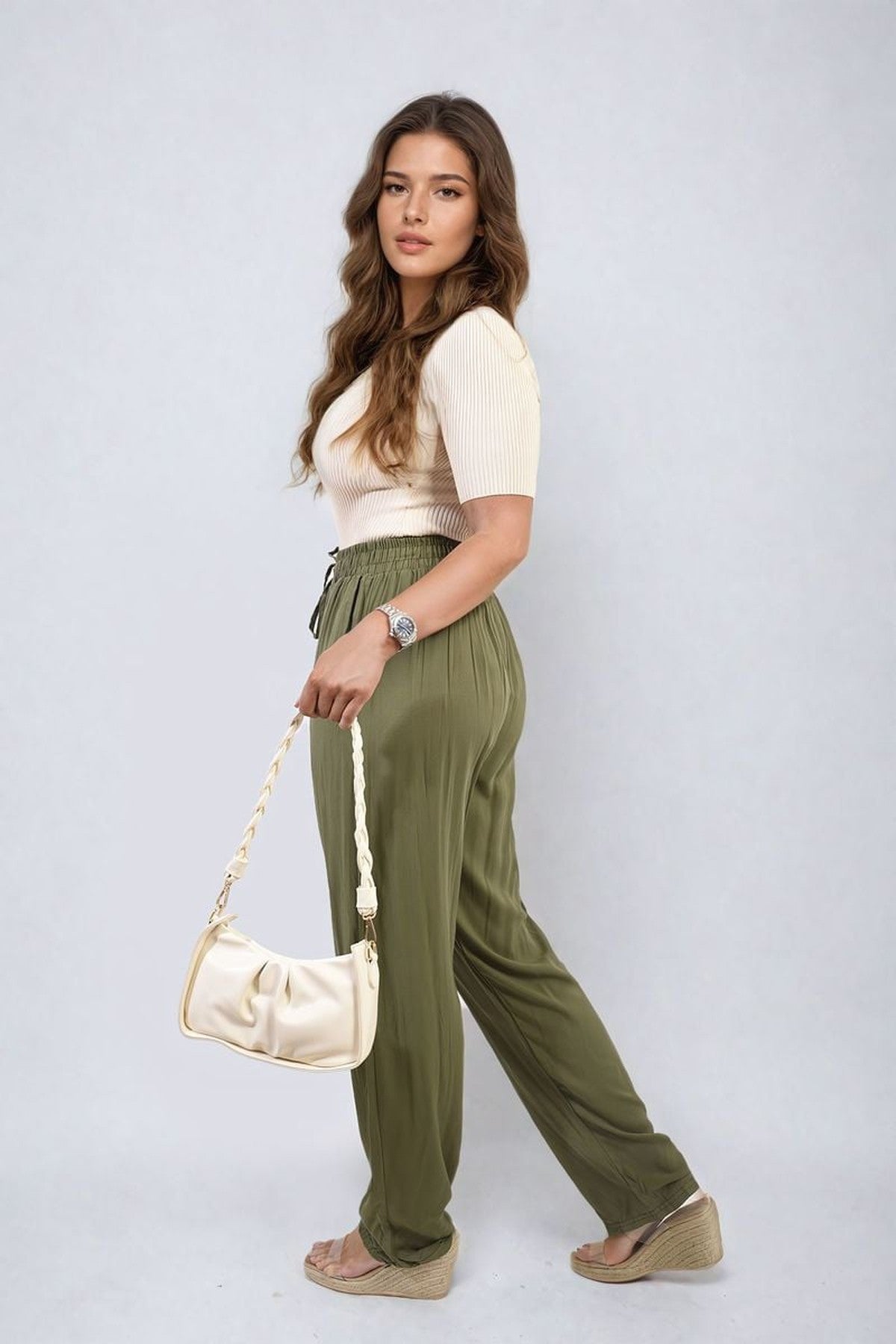 Matilda Drawstring High Waist Trouser With Side Pockets - Khaki