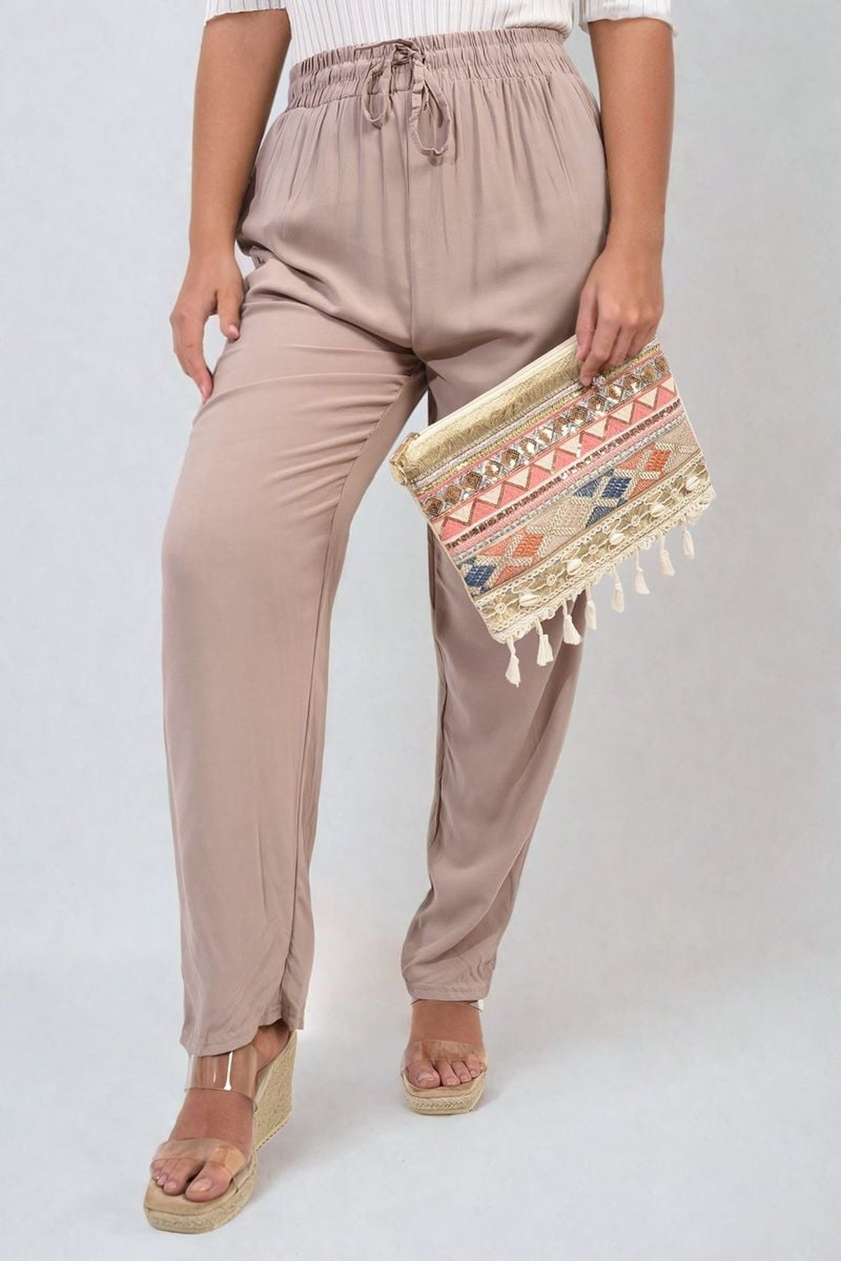 Matilda Drawstring High Waist Trouser With Side Pockets - Mocha