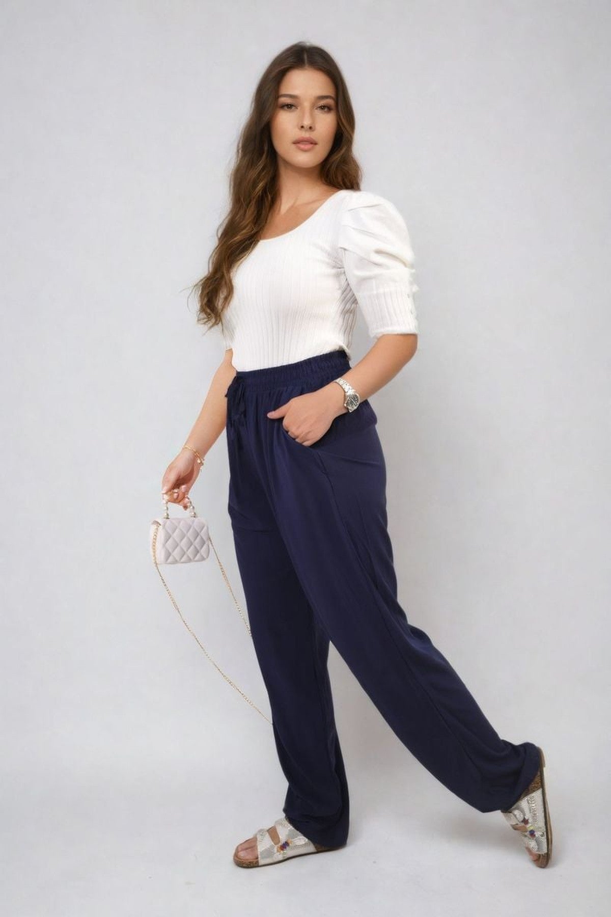 Matilda Drawstring High Waist Trouser With Side Pockets - Navy