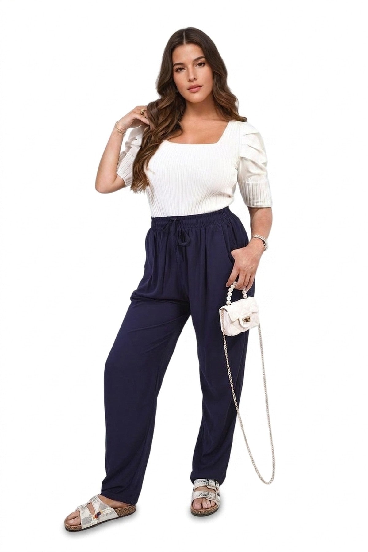 Matilda Drawstring High Waist Trouser With Side Pockets - NAVY_wb