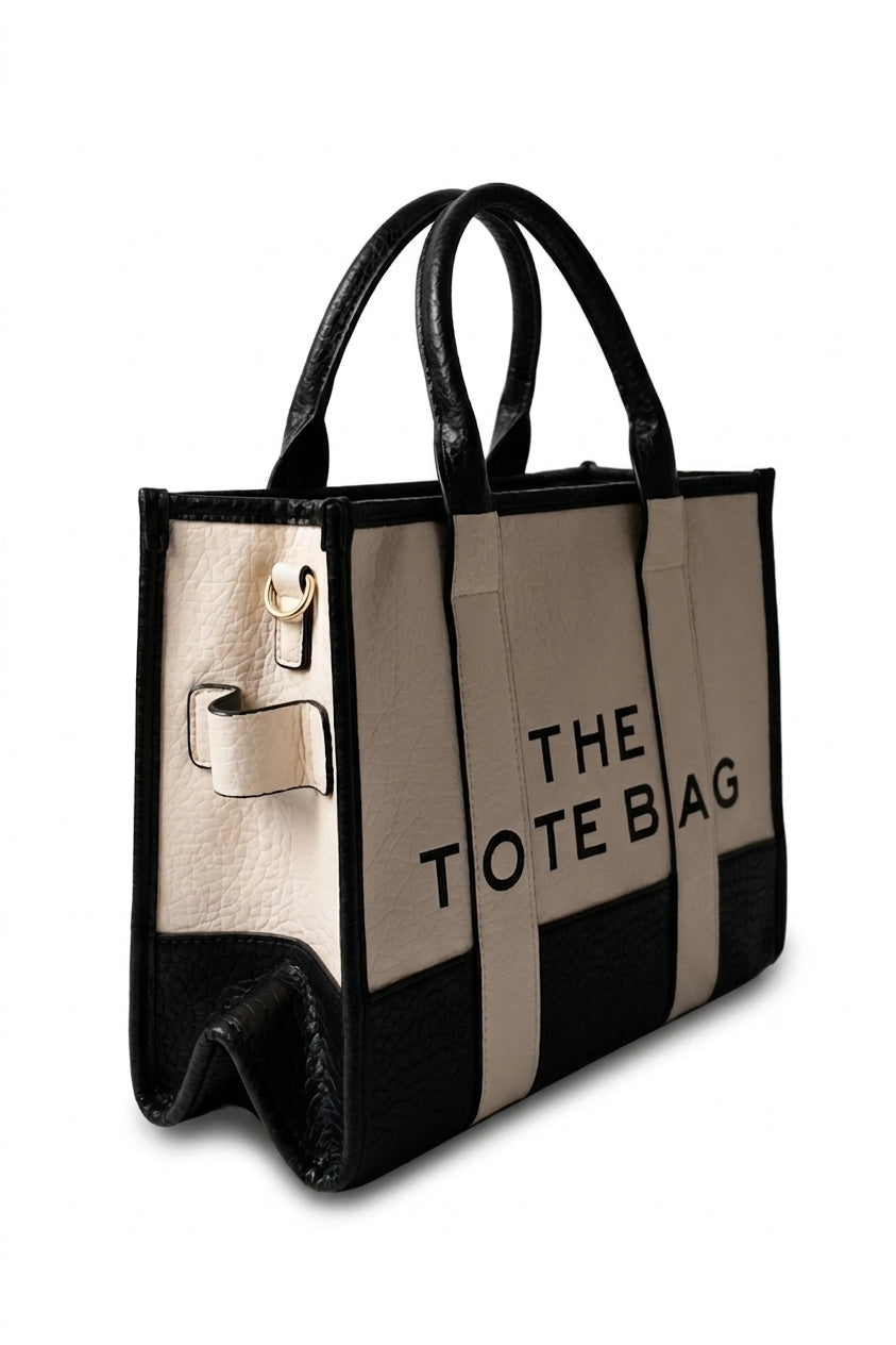 Matilde Two Tone Pebbled Faux Leather Printed Tote Bag - Black_wb