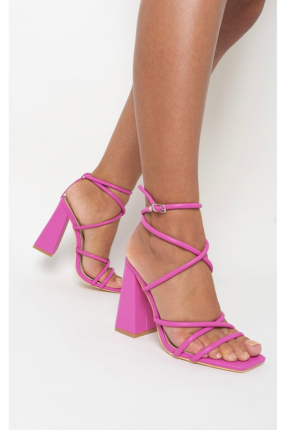 Michaela Strappy Ankle Block Heeled Sandals - Fuschia