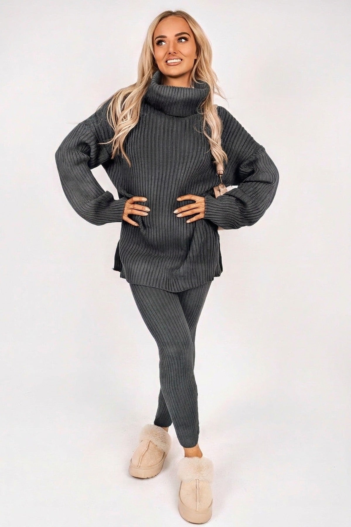 Mila Chunky Knitted High Roll Neck Top Bottom Co-ord Set - Dark Grey