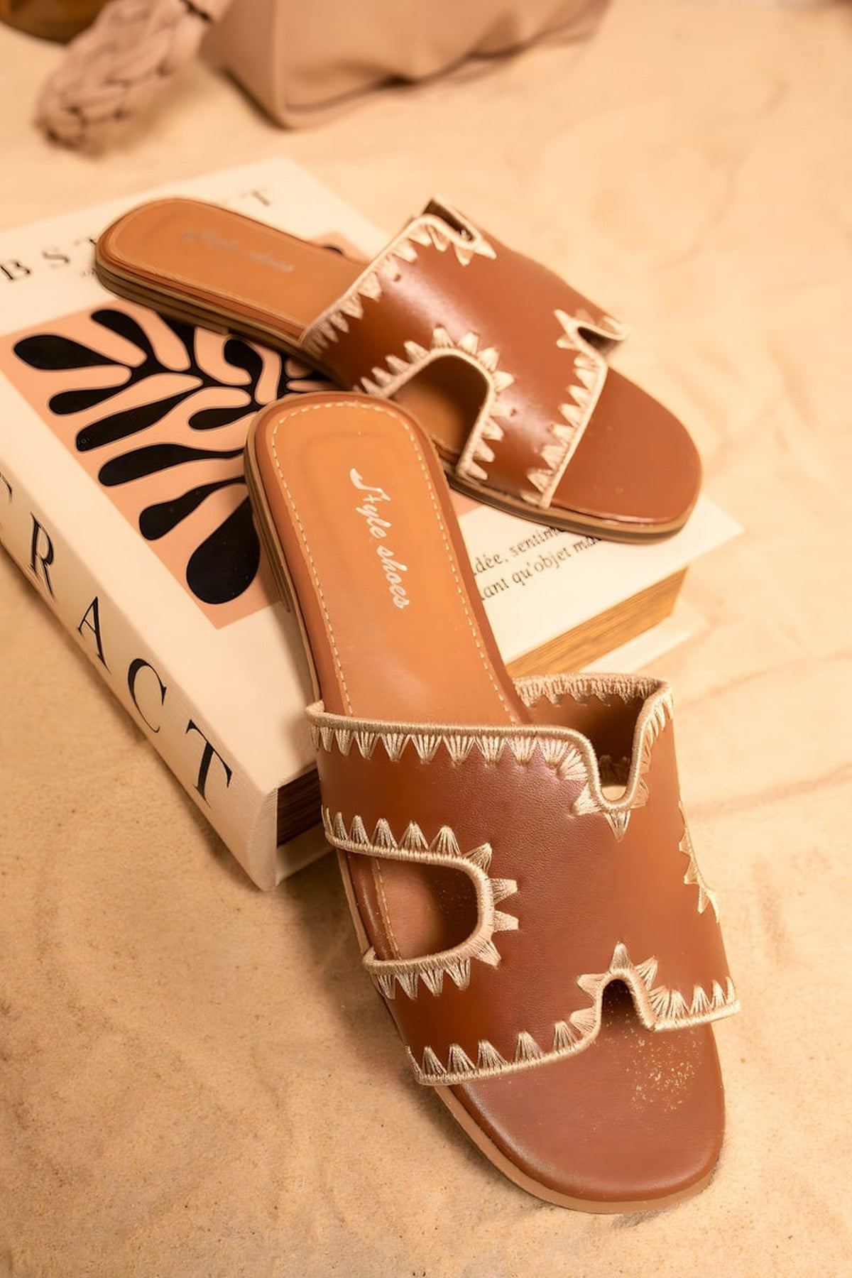 Mina Trim Cut Out Flat Slip On Sandals - Tan