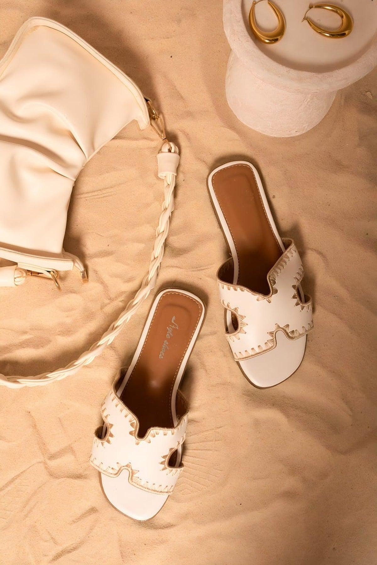 Mina Trim Cut Out Flat Slip On Sandals - White