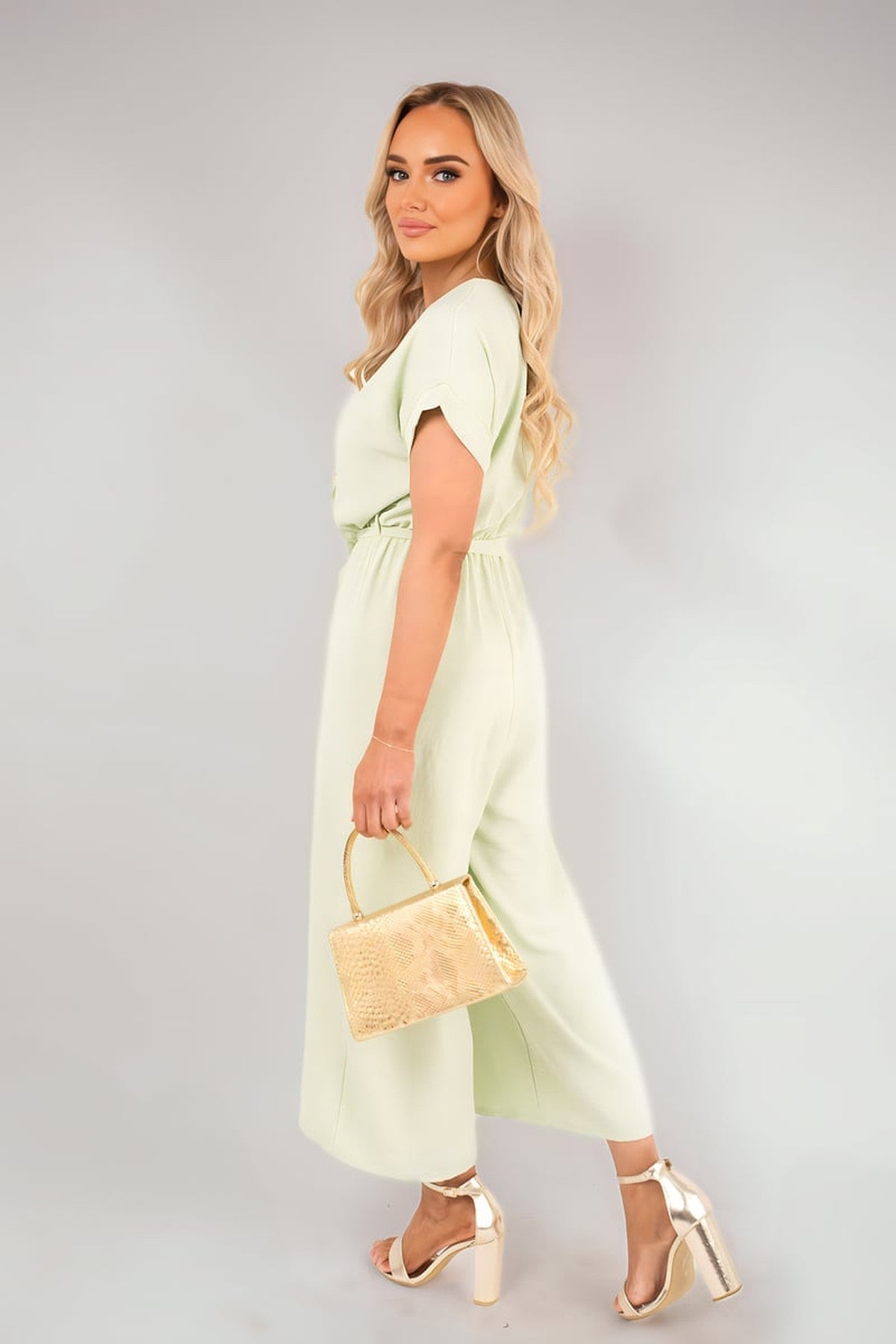 Nerina Wrap Short Sleeve Wide Leg Jumpsuit With Tie Waist - Mint