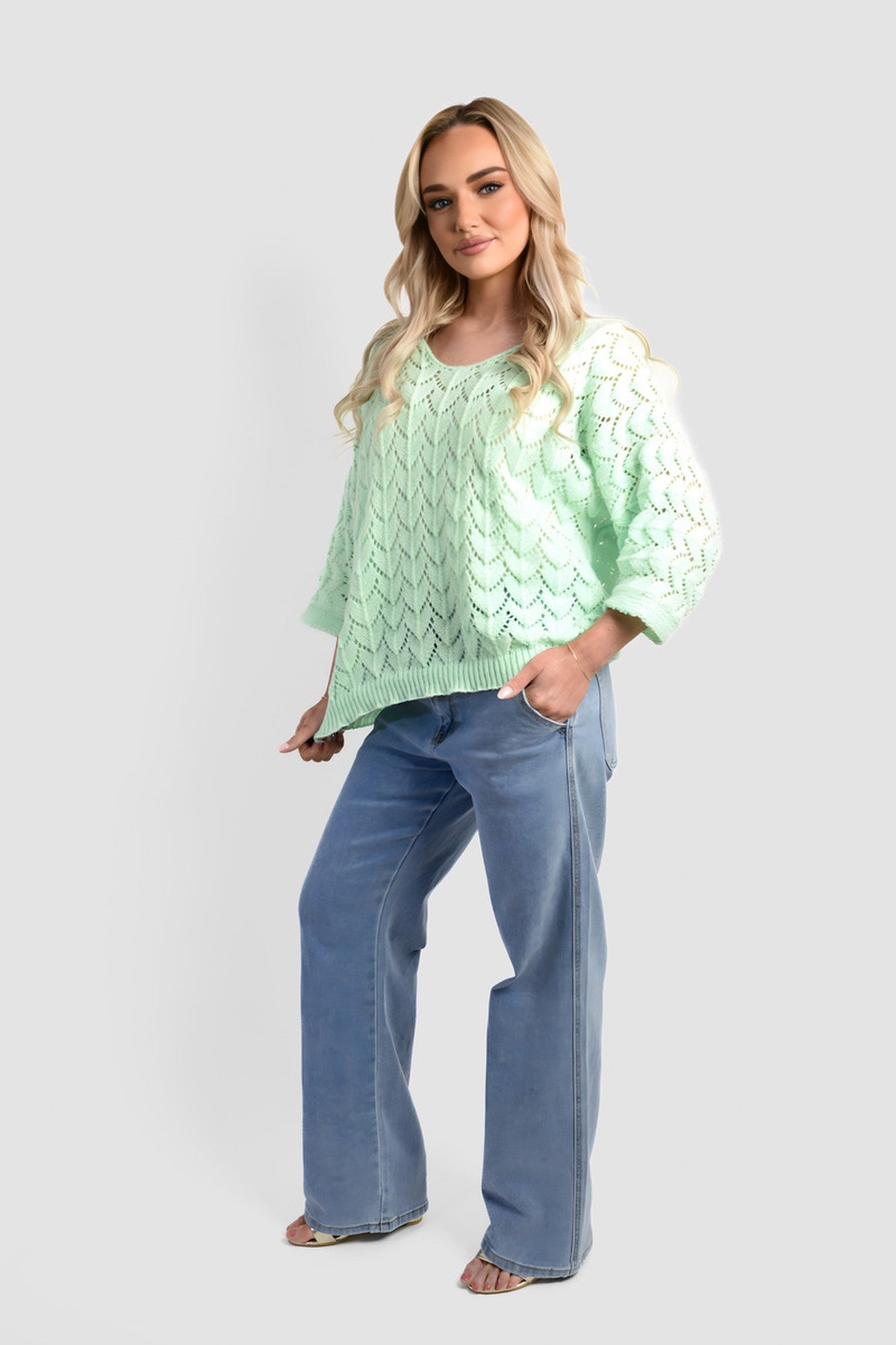 Eliza Half Sleeve Chunky Cable Knit Jumper - Mint