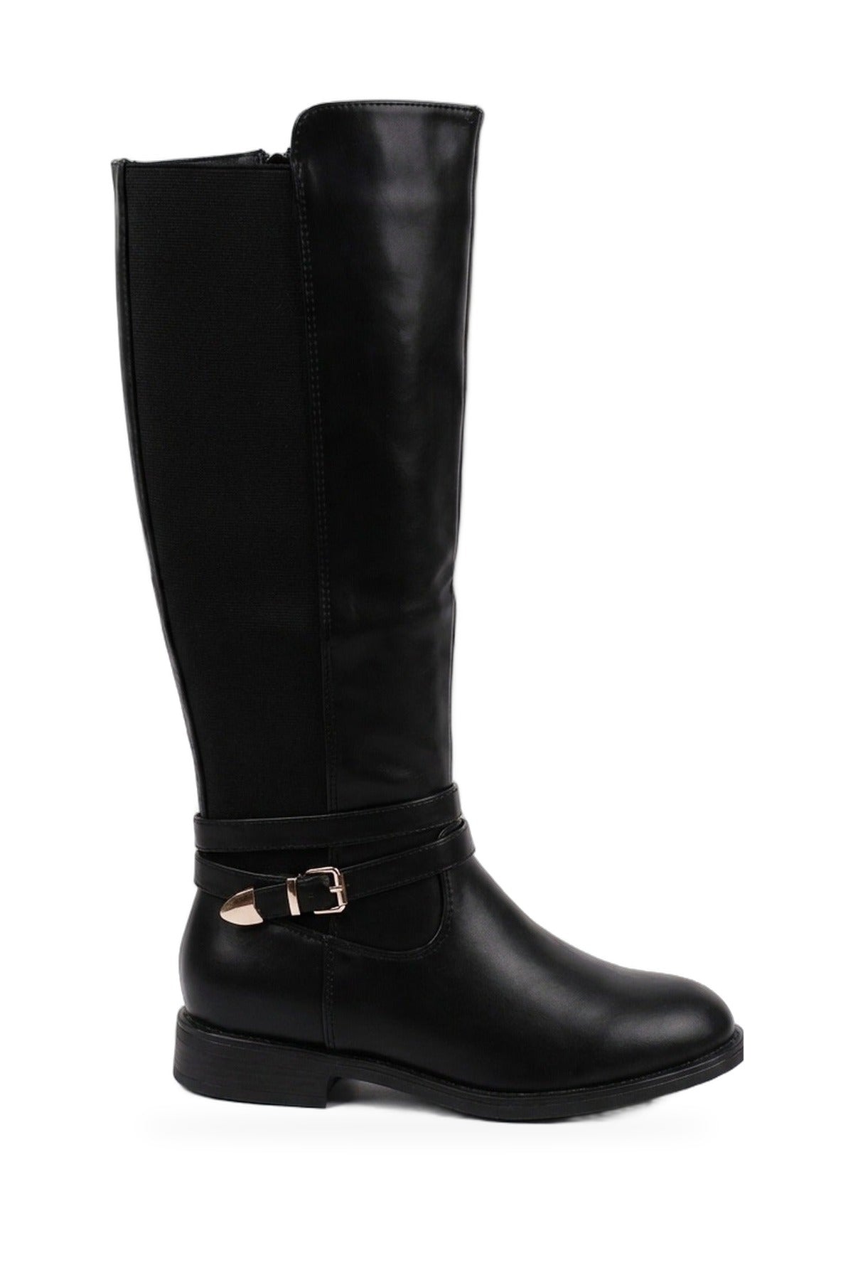 Mirabel Faux Leather Buckle Strap Knee High - Black