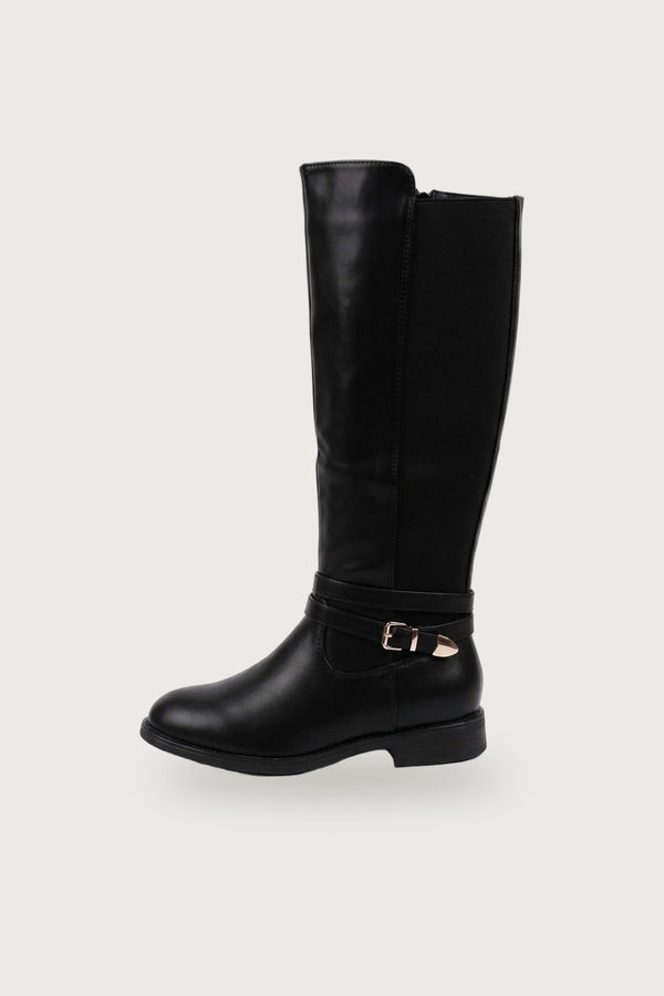 Mirabel Faux Leather Buckle Strap Knee High Riding Boots - Black