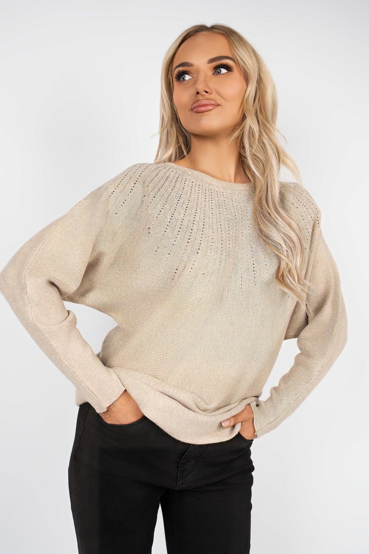 Haisley Long Sleeve Knitted Jumper With Embellished Neckline - Mocha