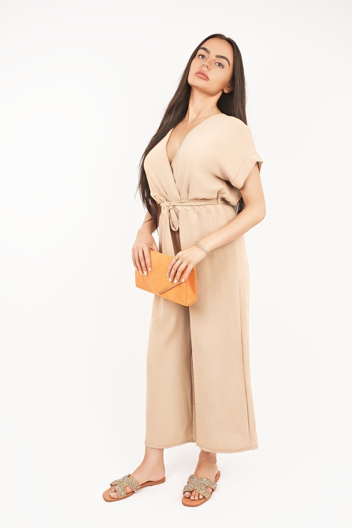Nerina Wrap Short Sleeve Wide Leg Jumpsuit With Tie Waist - Mocha