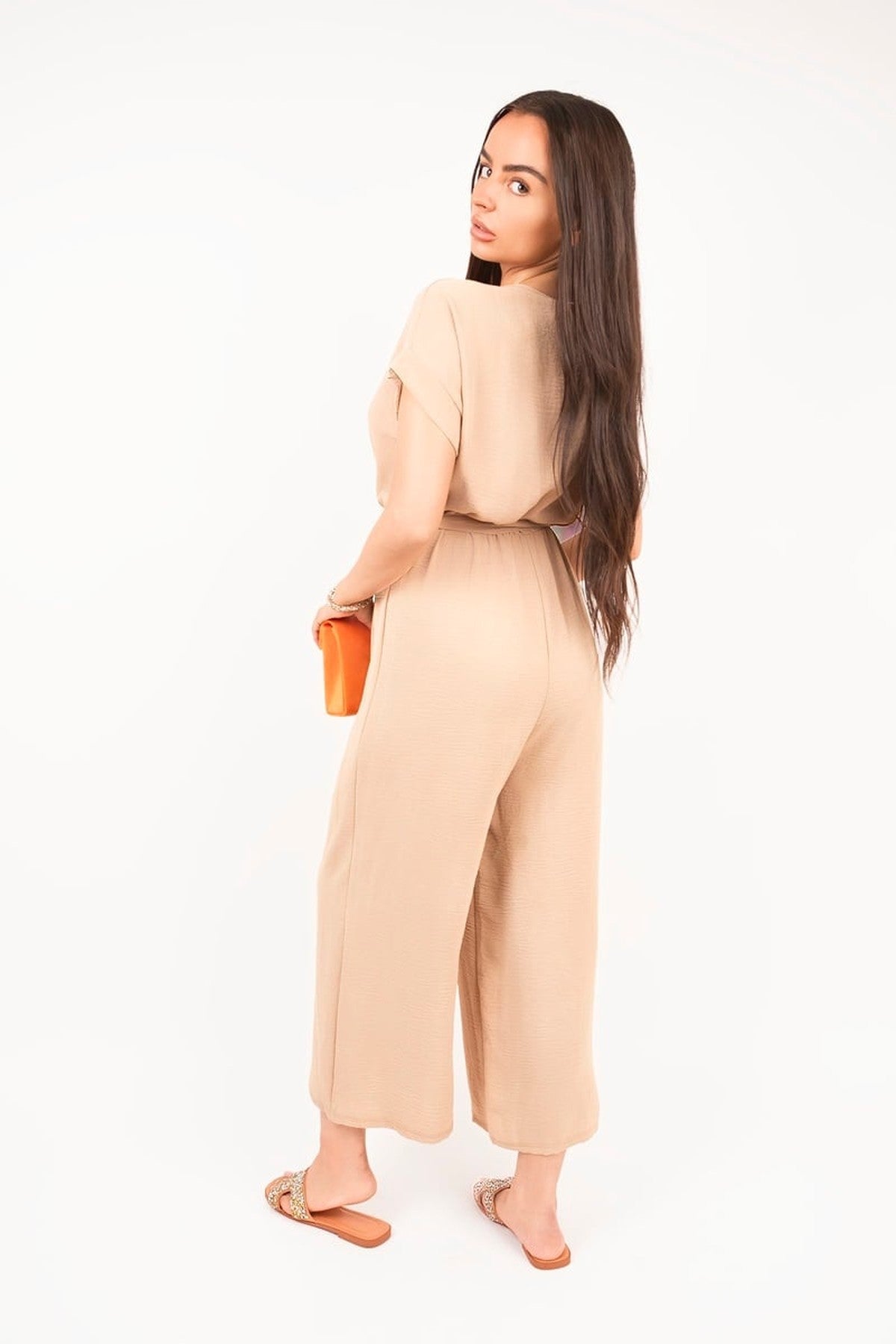 Nerina Wrap Short Sleeve Wide Leg Jumpsuit With Tie Waist - Mocha