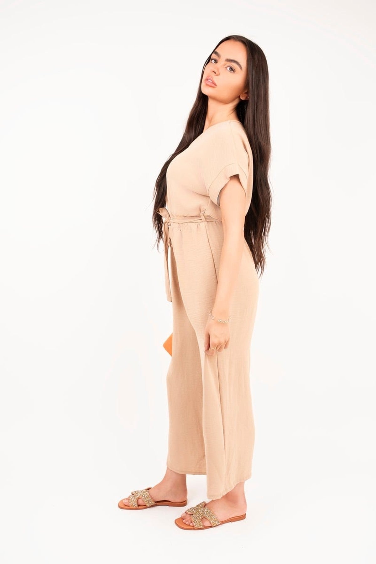 Nerina Wrap Short Sleeve Wide Leg Jumpsuit With Tie Waist - Mocha