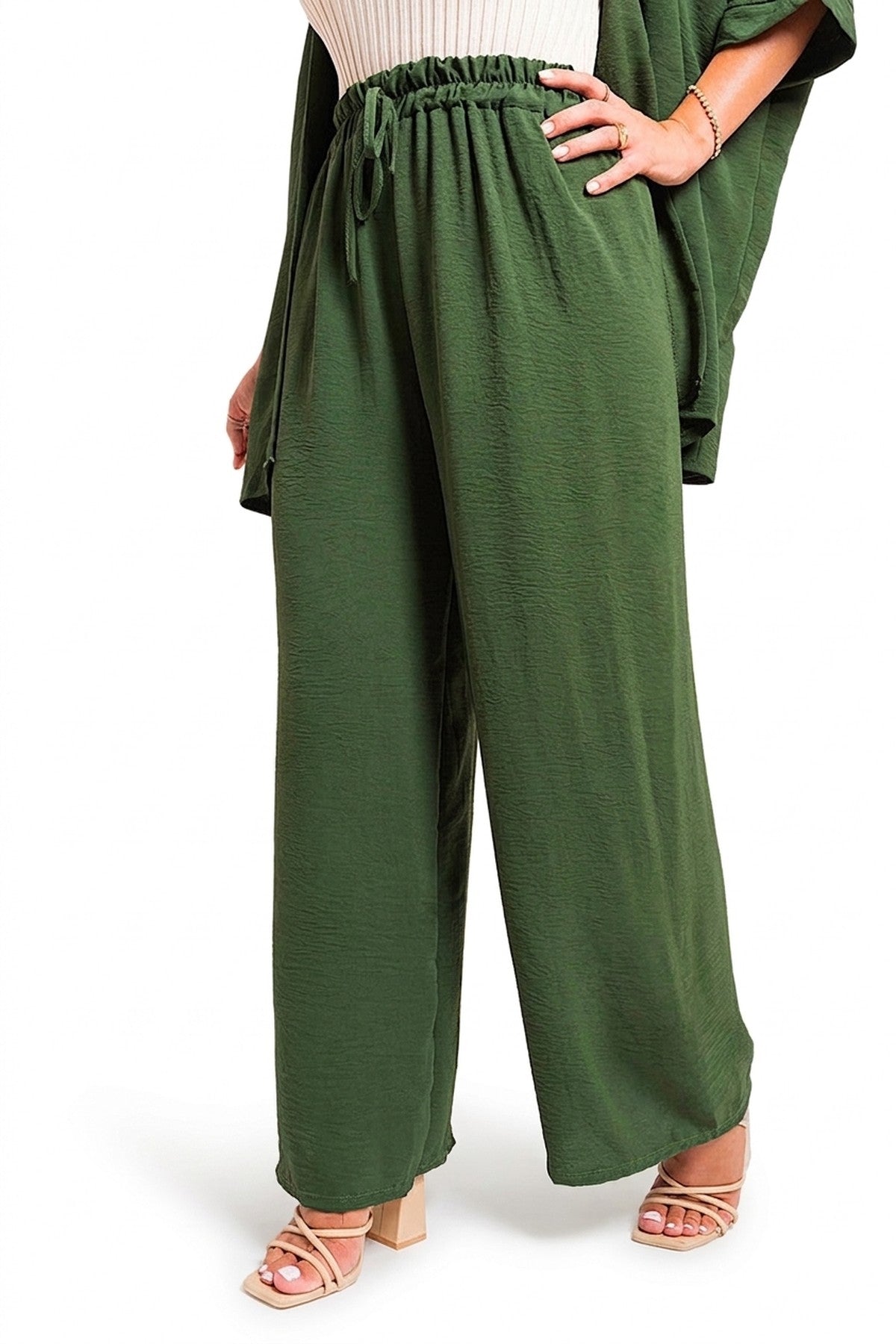 Mollie Drawstring Gathered Waist Wide Leg Trouser - Khaki_wb
