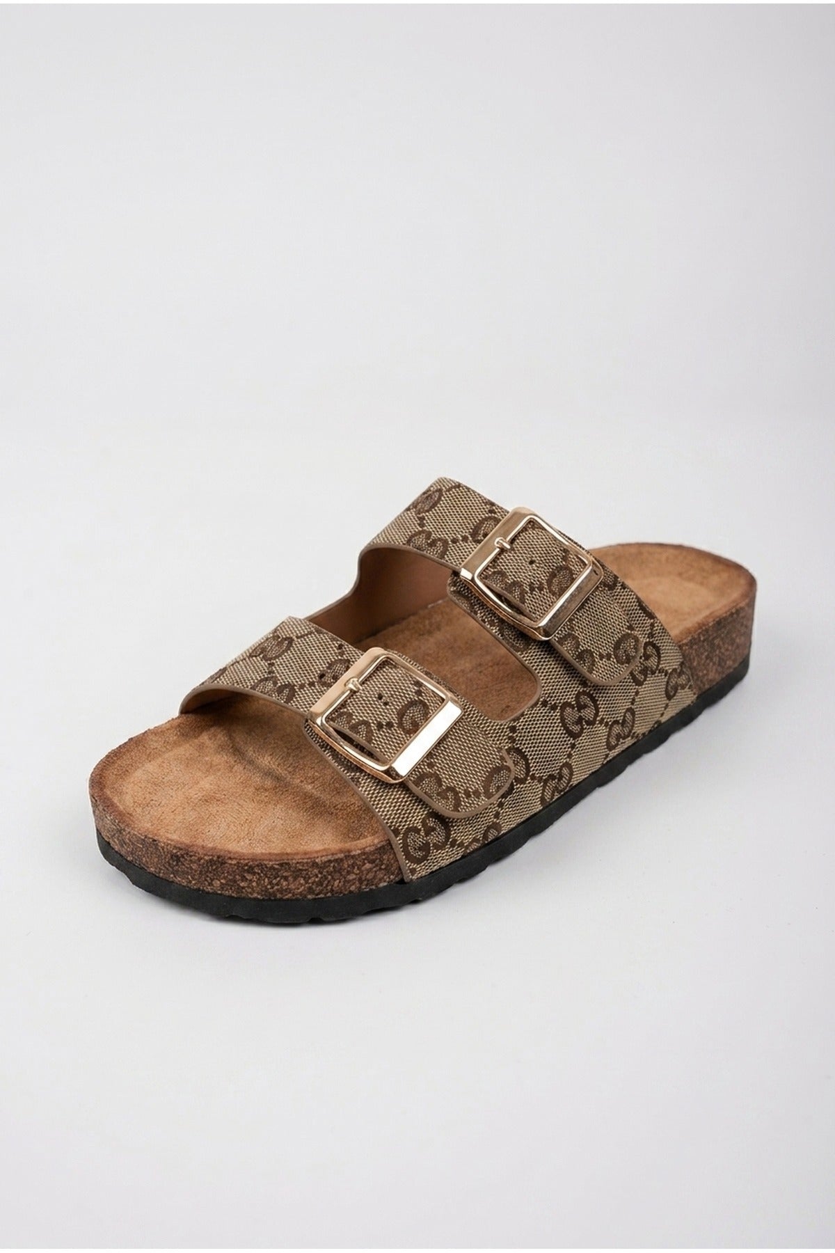 Tamsin Double Buckle Monogram Print Sliders - Khaki