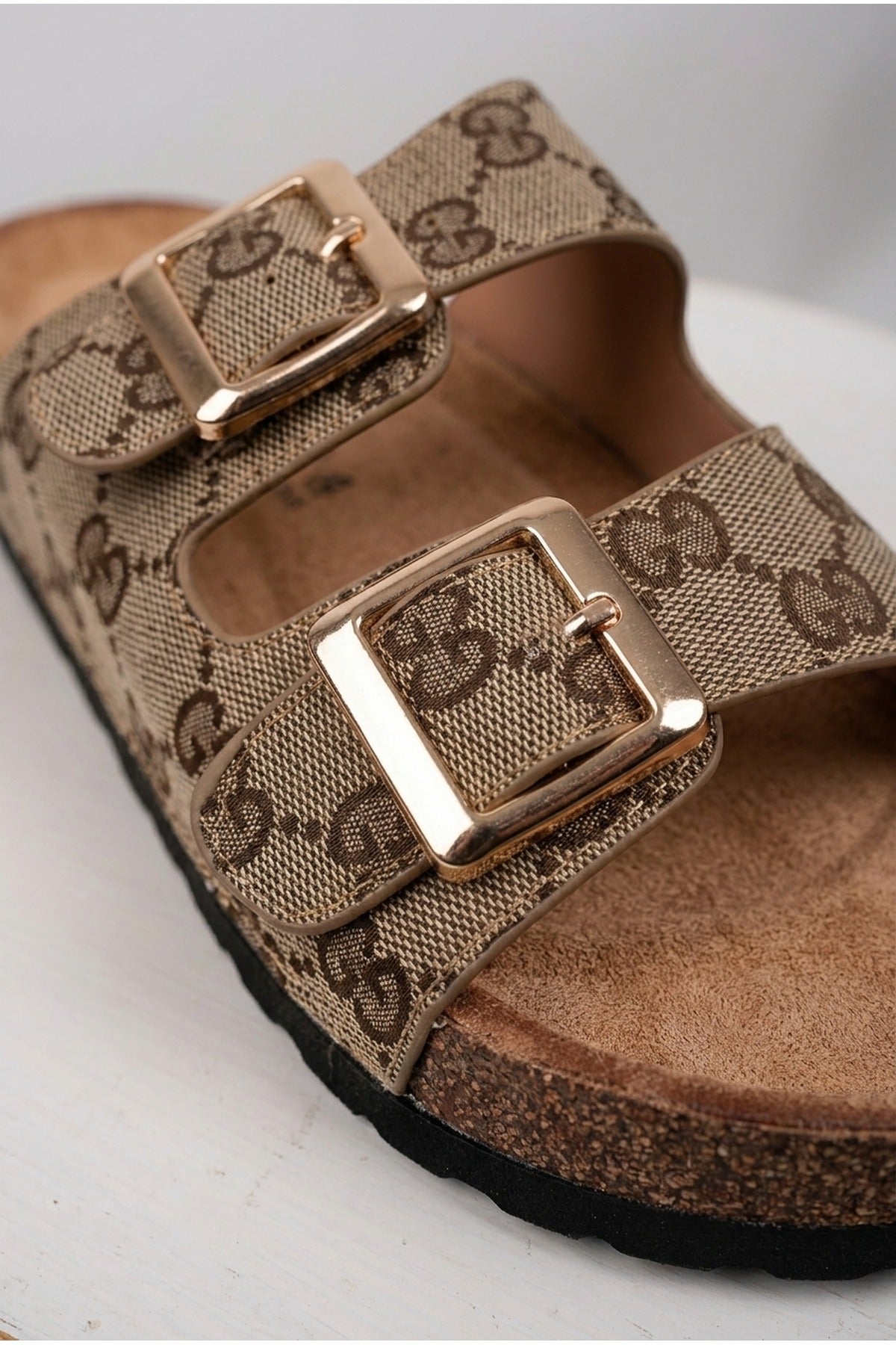 Tamsin Double Buckle Monogram Print Sliders - Khaki