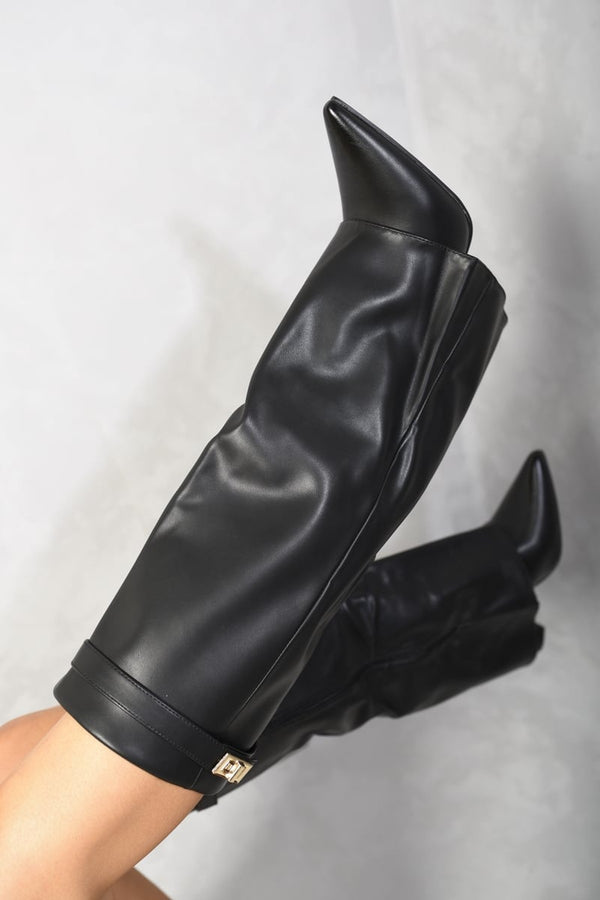 Myla Skirted Fold Over Buckle Pointed Toe High Boots - Black