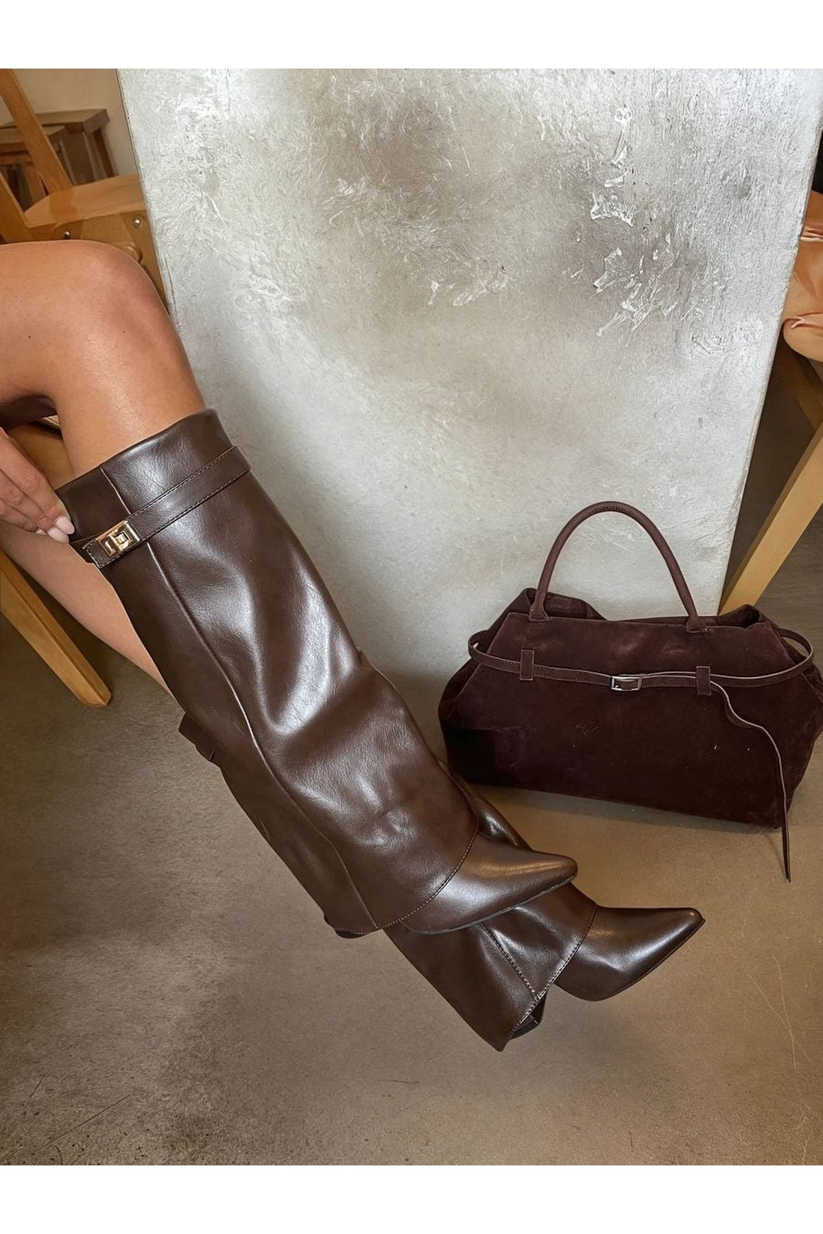 Myla Skirted Fold Over Buckle Pointed Toe High Boots - Brown