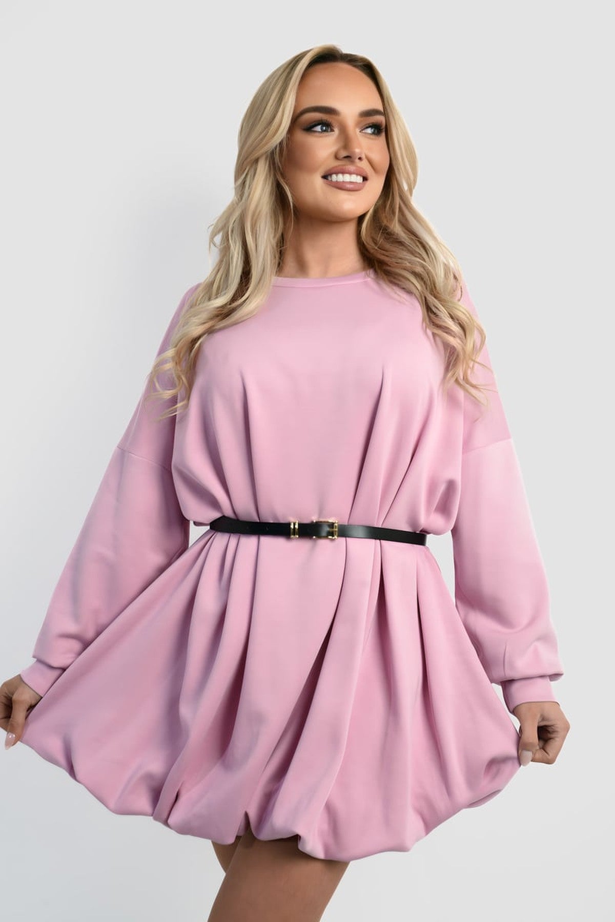 Nadia Belted Long Sleeve Mini Balloon Dress - Pink