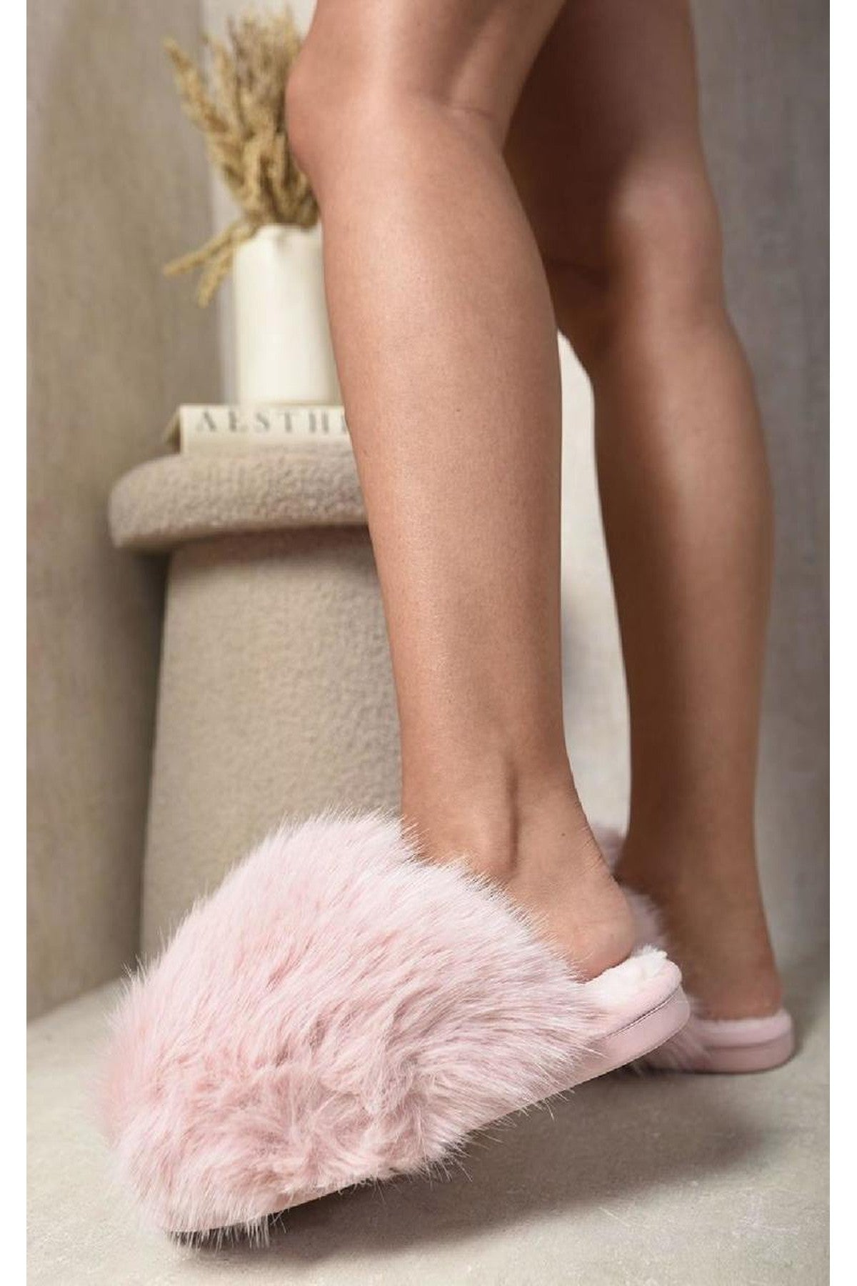 Nadia Fluffy Faux Fur Slippers - Pink