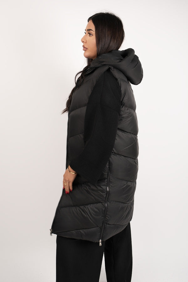 Naloria Longline Hooded Puffer Gilet - Black