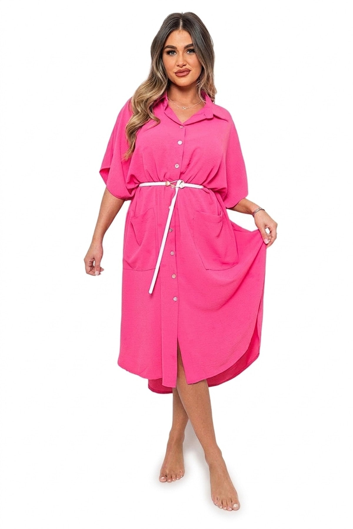 Nancy Button Down Collared Midi Dress With Two Front Pockets - FUSCHIA_wb