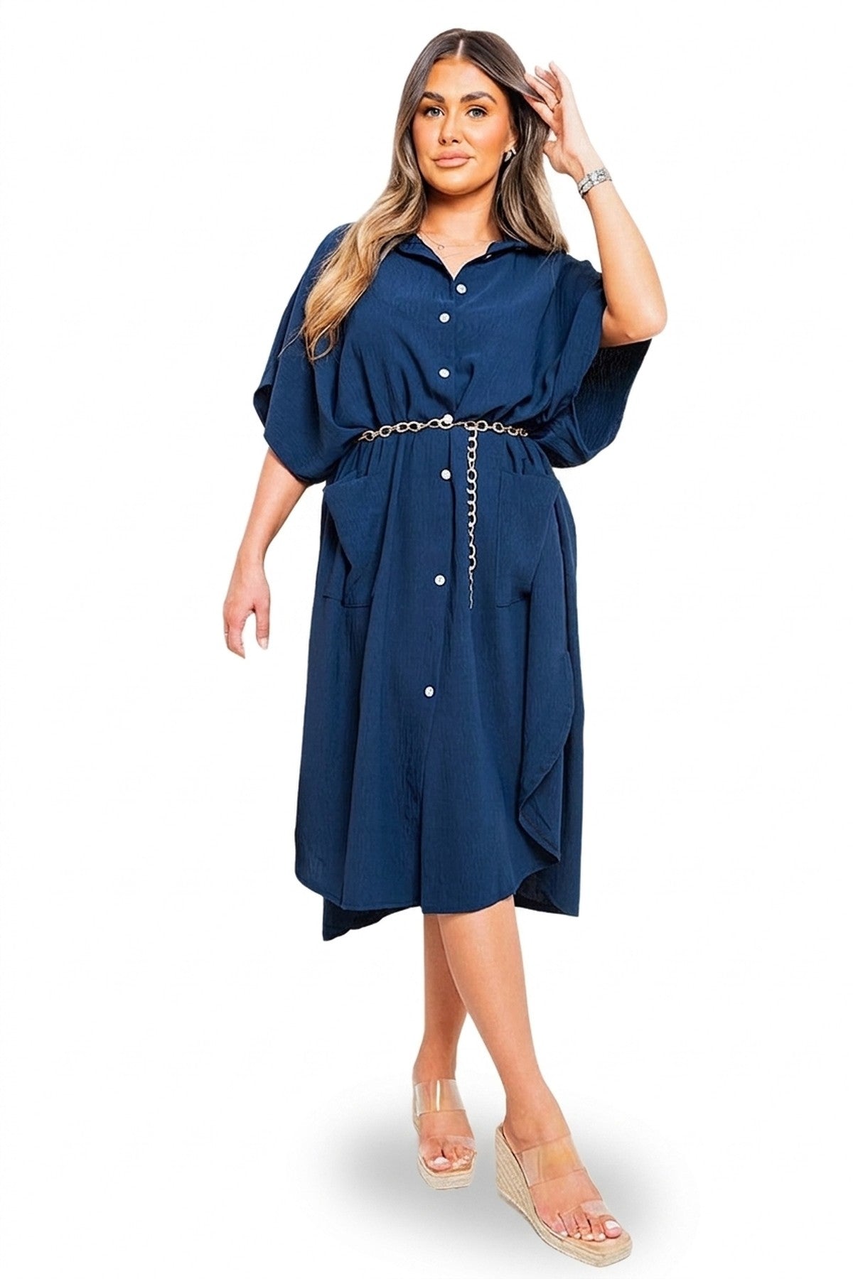 Nancy Button Down Collared Midi Dress With Two Front Pockets - Navy_wb
