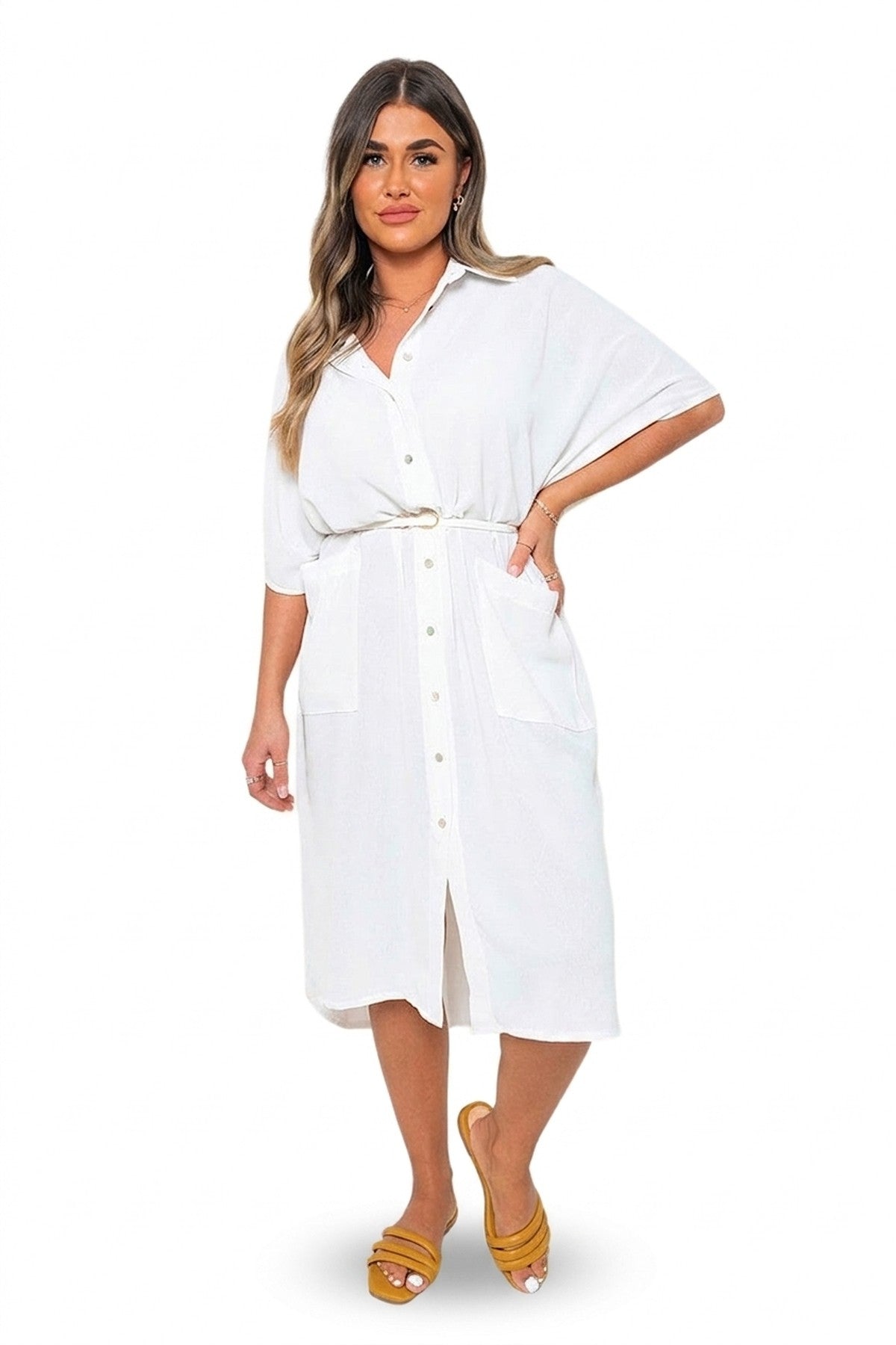 Nancy Button Down Collared Midi Dress With Two Front Pockets - WHITE_wb