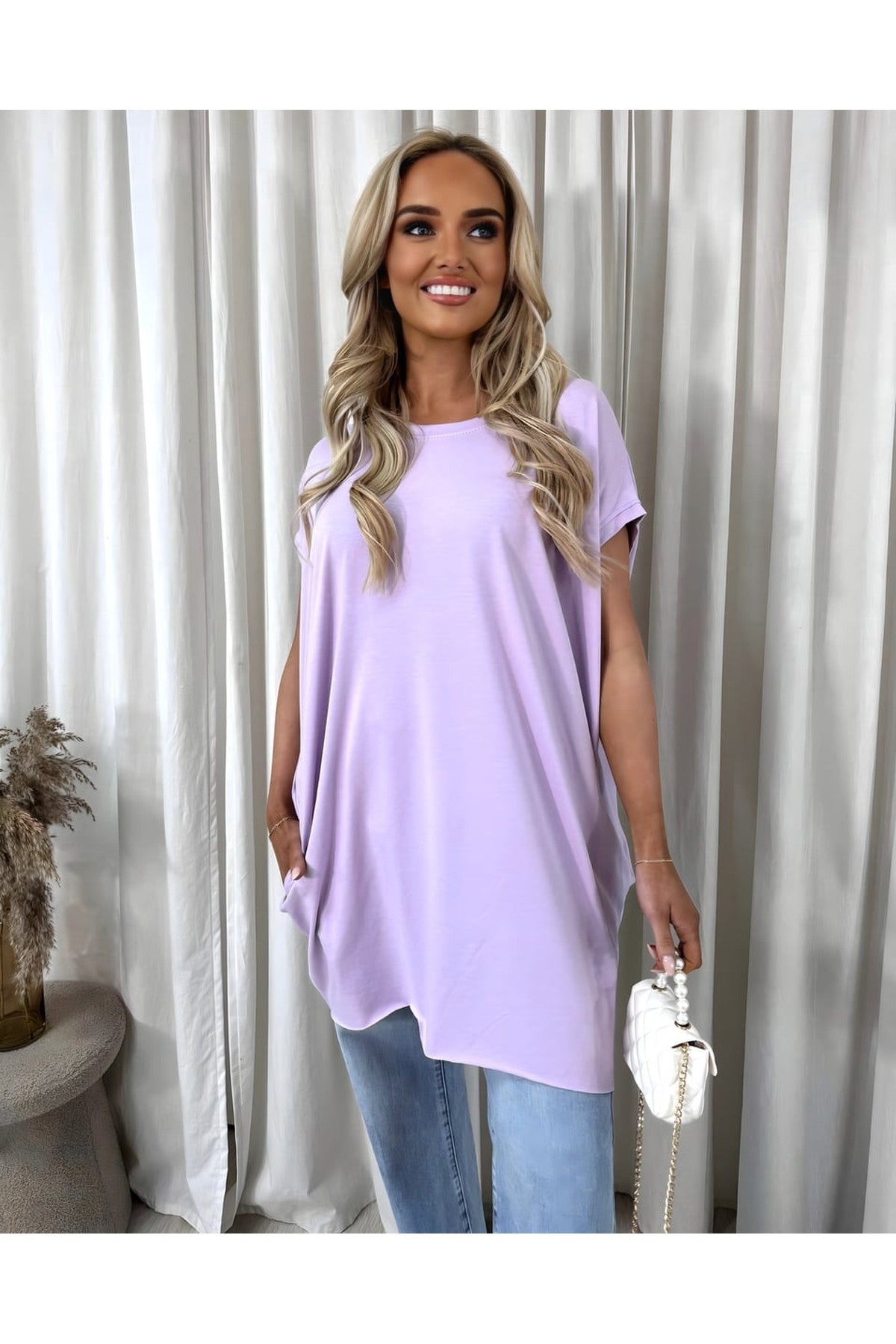 Naomi Round Neck With Side Pockets Oversized Top - Lilac